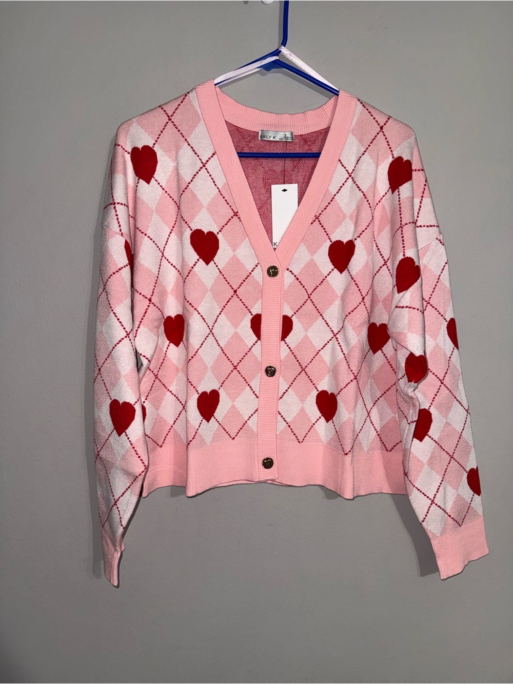 Kaily K Pink Heart Argyle V-Neck Cardigan Sweater Large BNWT